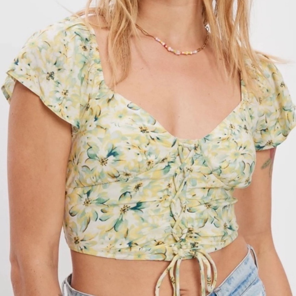 American Eagle Floral Lace Up Smocked Crop Top Yellow Green XL
